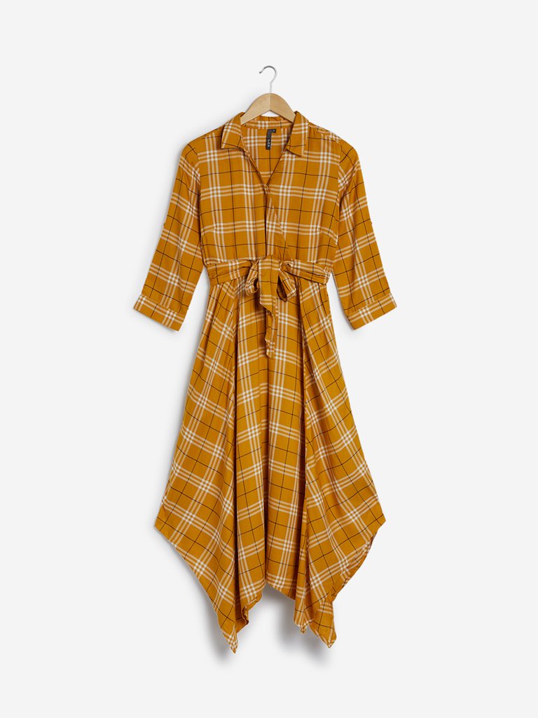 LOV Ochre Checkered Shirtdress with Belt