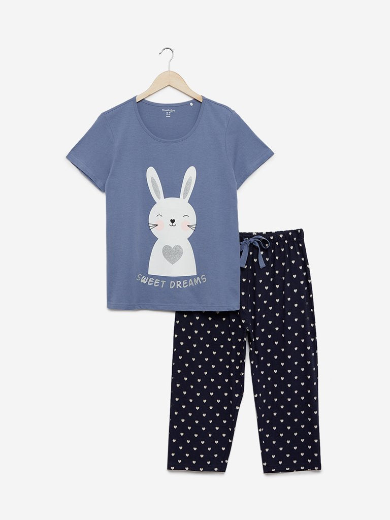 Wunderlove Blue Printed T-shirt And Capris Set