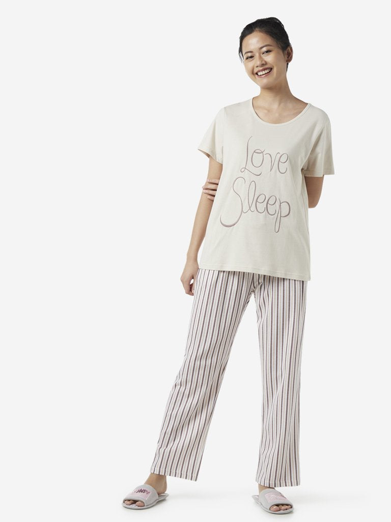 Wunderlove by Westside Beige Text T-Shirt And Striped Pyjamas