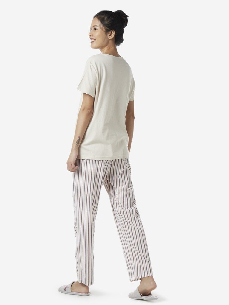 Wunderlove by Westside Beige Text T-Shirt And Striped Pyjamas