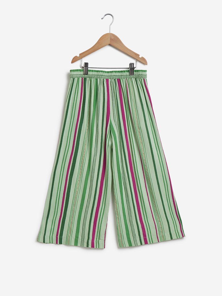 Utsa Kids Light Green Striped Palazzos With Belt