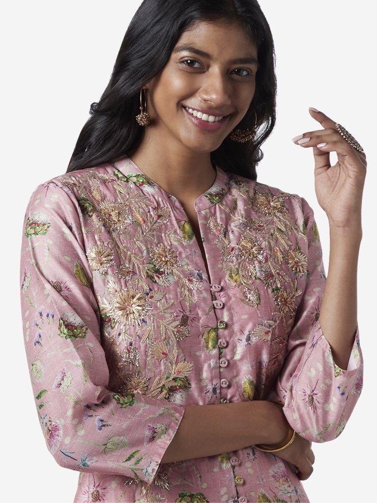 Vark Pink Floral A-Line Kurta And Palazzos Set