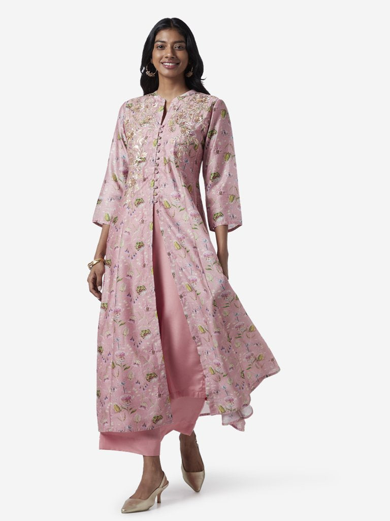 Vark Pink Floral A-Line Kurta And Palazzos Set