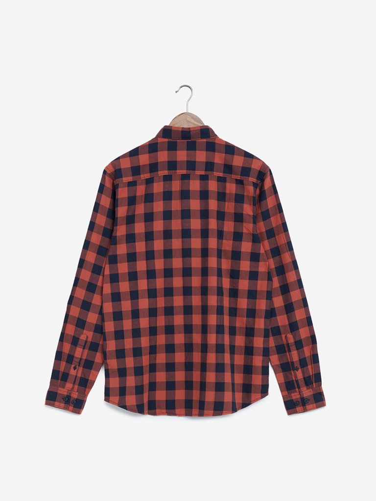 WES Casuals Rust Checked Slim Fit Shirt