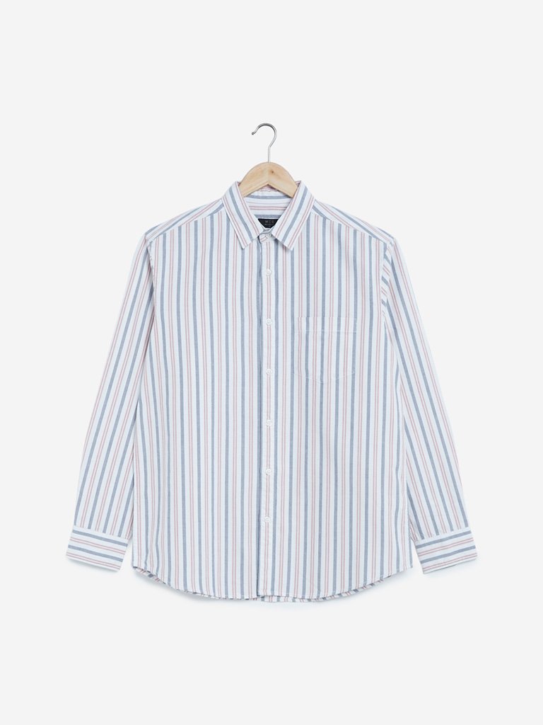 WES Casuals White Striped Relaxed Fit Shirt