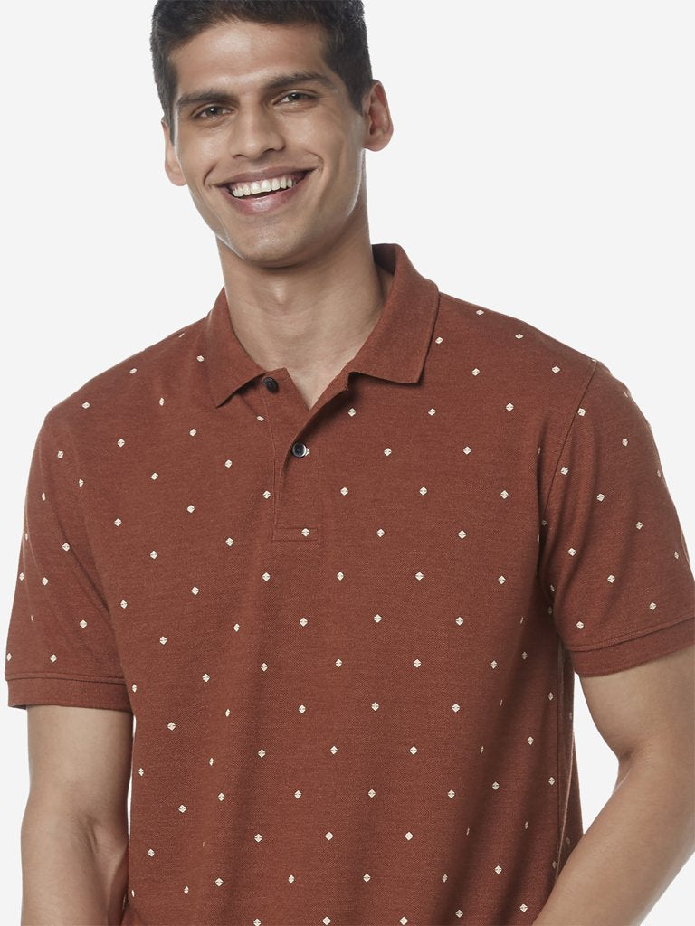 WES Casuals Rust Slim Fit Dotted Polo T-Shirt