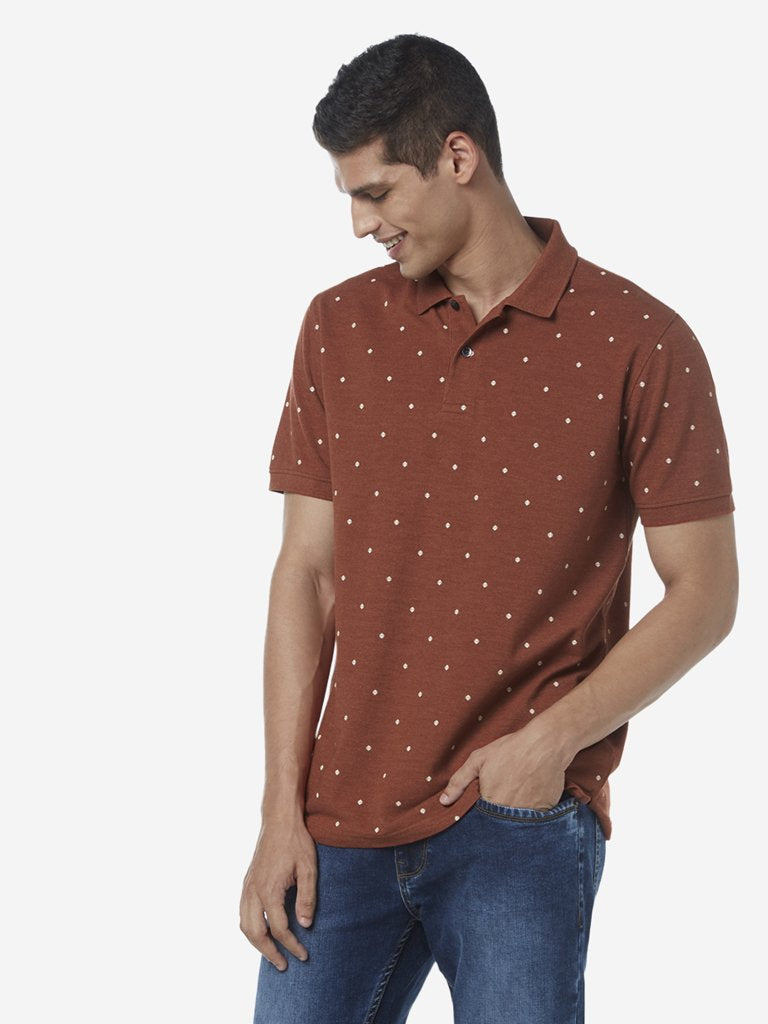 WES Casuals Rust Slim Fit Dotted Polo T-Shirt
