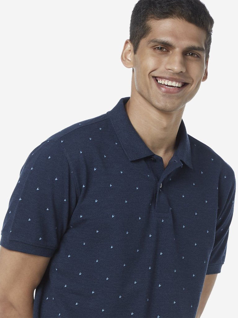 WES Casuals Navy Slim Fit Dotted Polo T-Shirt