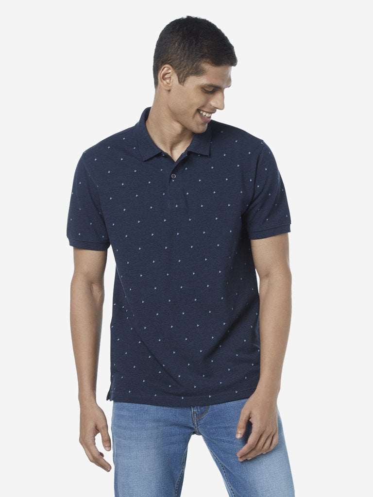 WES Casuals Navy Slim Fit Dotted Polo T-Shirt