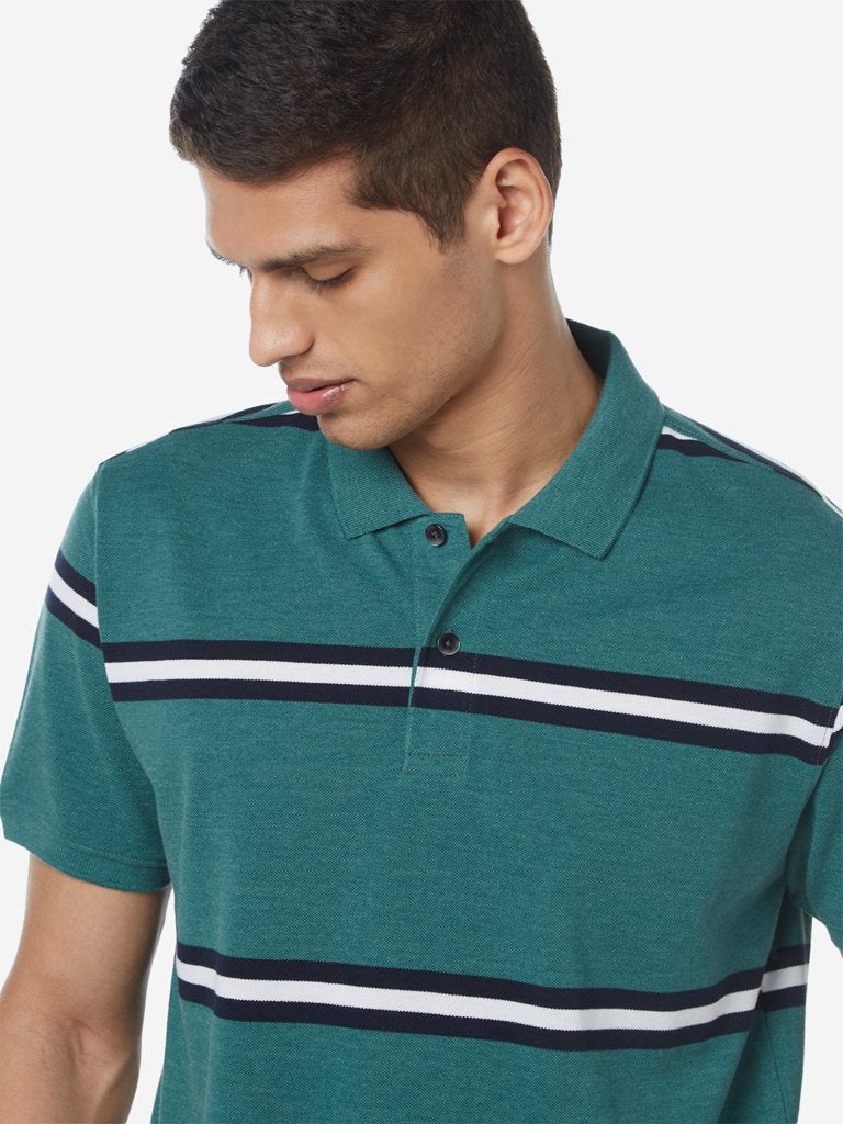 WES Casuals Green Striped Polo Slim Fit T-Shirt