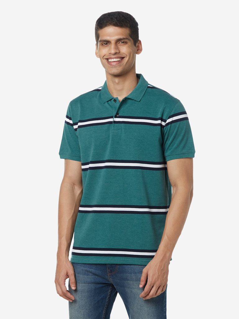 WES Casuals Green Striped Polo Slim Fit T-Shirt