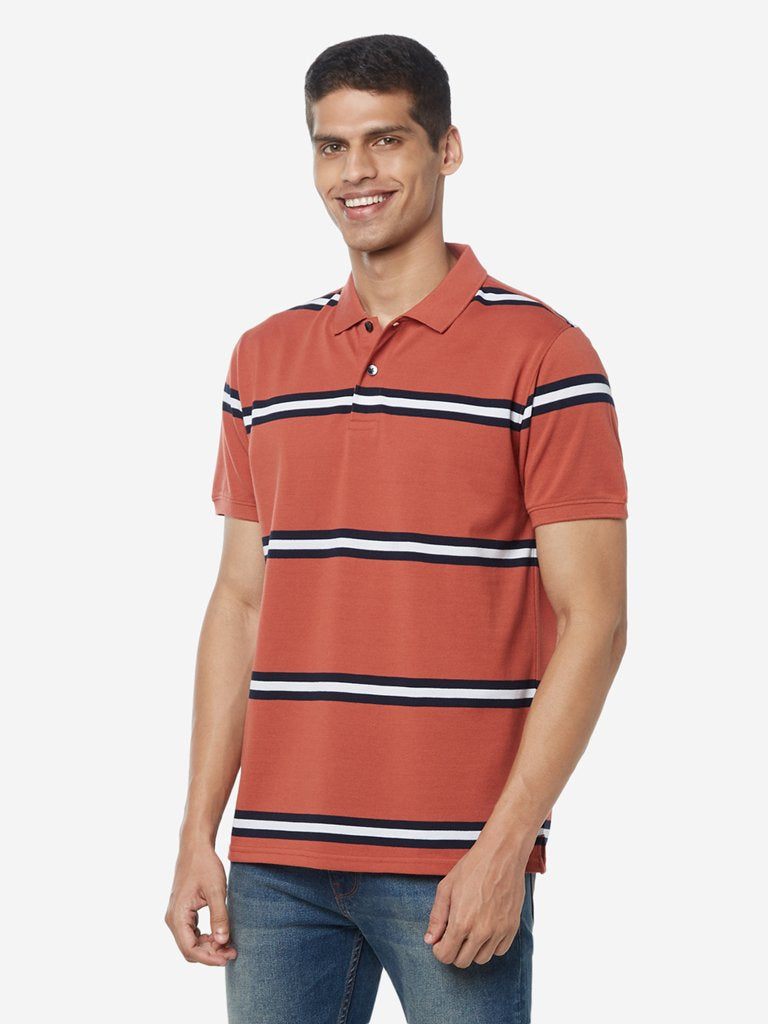 WES Casuals Rust Striped Polo Slim Fit T-Shirt