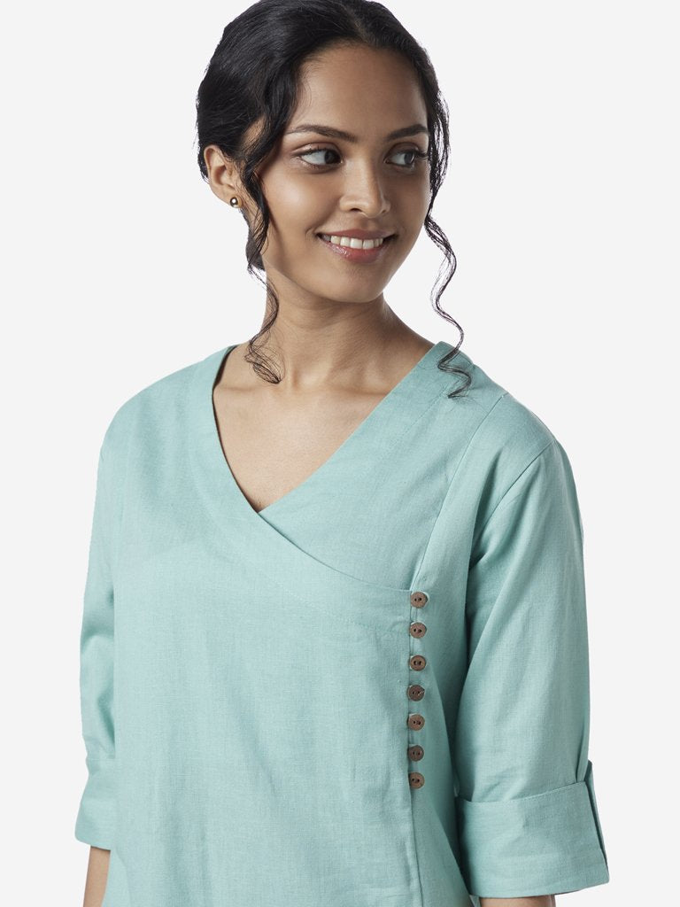 Utsa Light Turquoise Cotton Linen A-Line Kurta