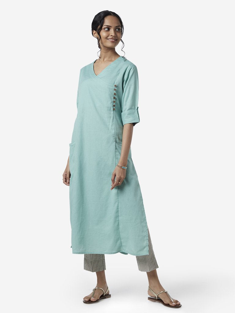 Utsa Light Turquoise Cotton Linen A-Line Kurta