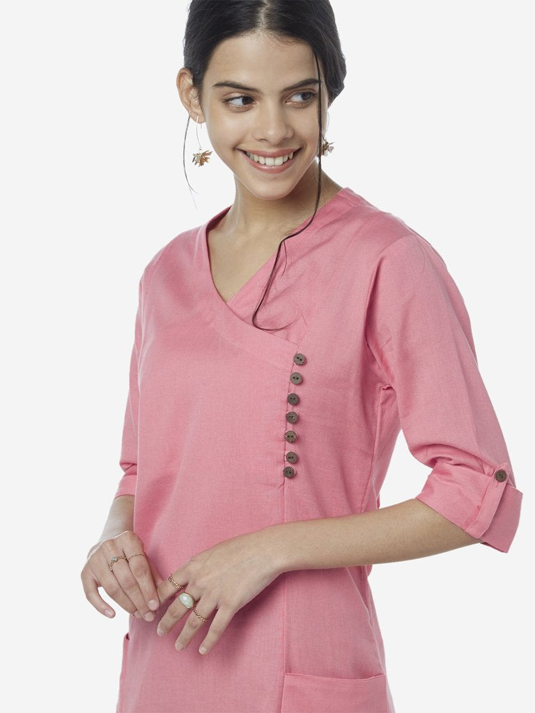 Utsa Peach Button-Detail Straight Kurta