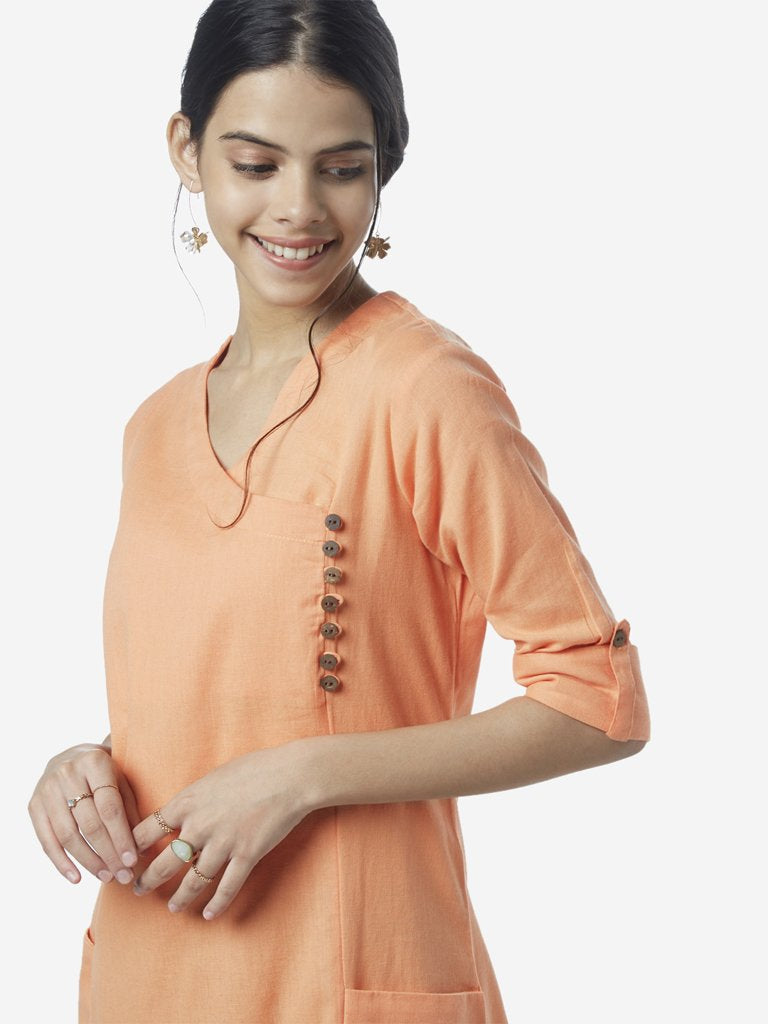 Utsa Light-Orange Button-Detail Straight Kurta