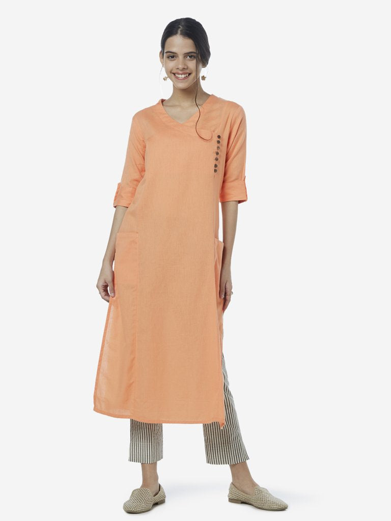 Utsa Light-Orange Button-Detail Straight Kurta