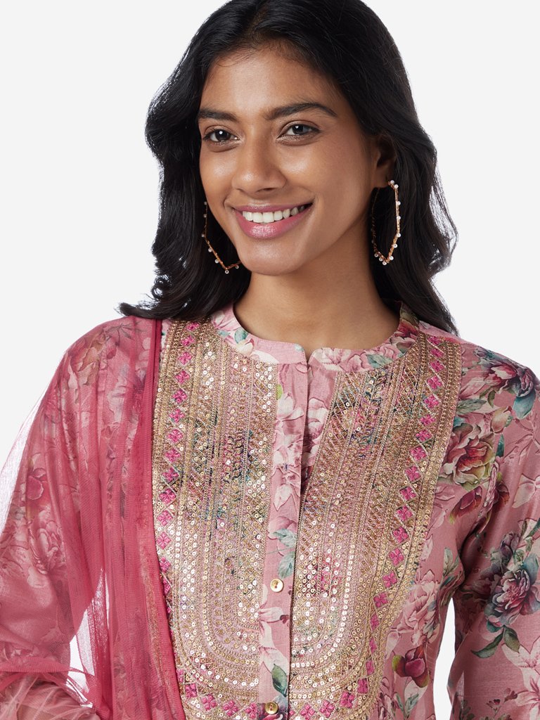Vark Pink Floral Print Kurta And Palazzos Set