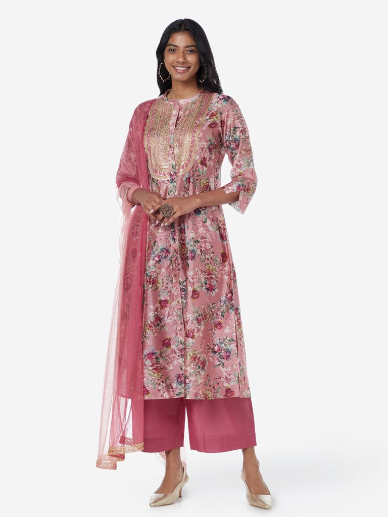 Vark Pink Floral Print Kurta And Palazzos Set