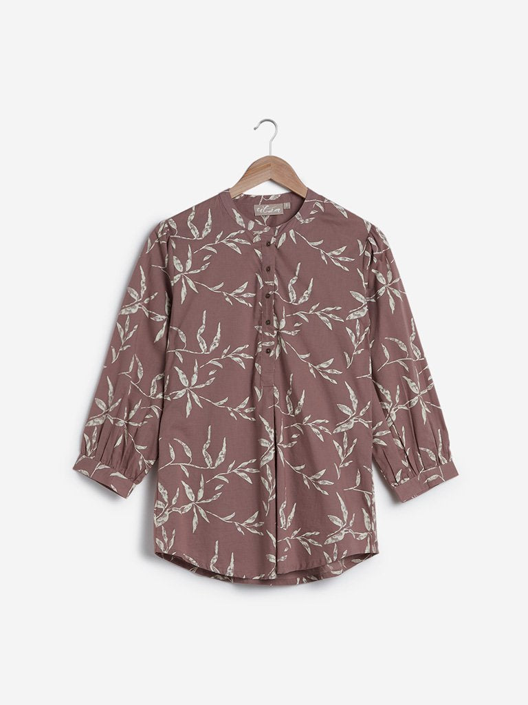 Utsa Taupe Leaf Pattern Ethnic Shirt