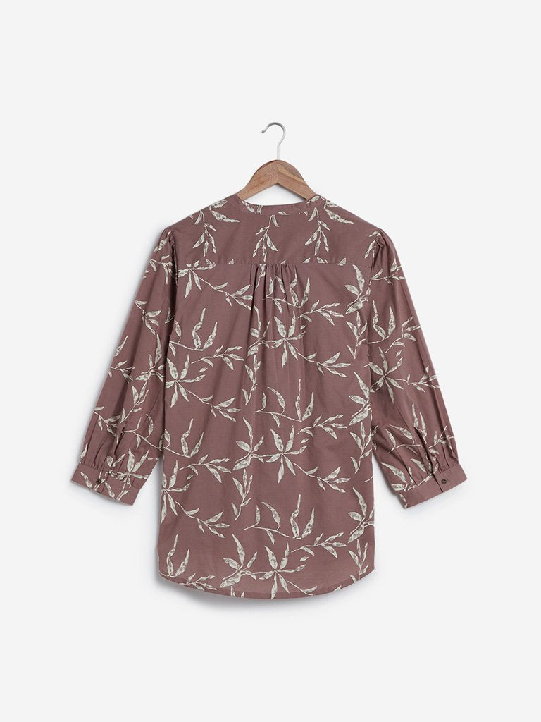 Utsa Taupe Leaf Pattern Ethnic Shirt