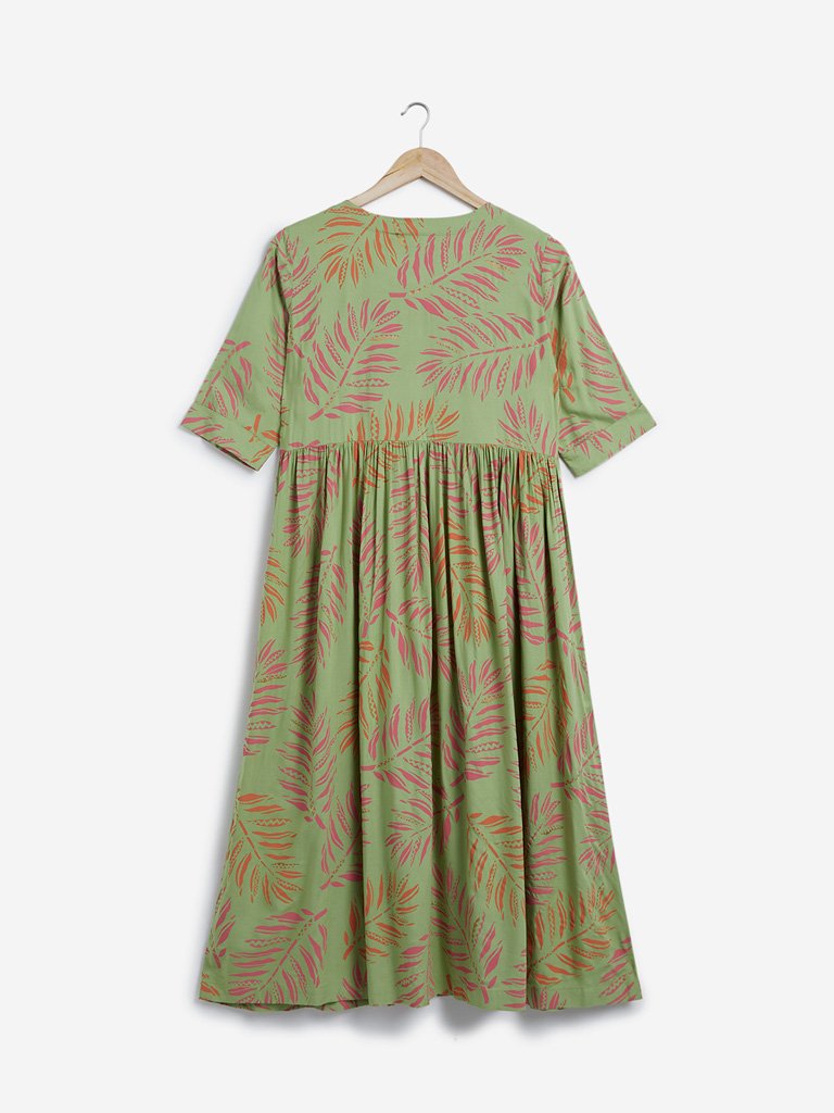 Utsa Soft Green Leaf Print Fit-And-Flare Kurta