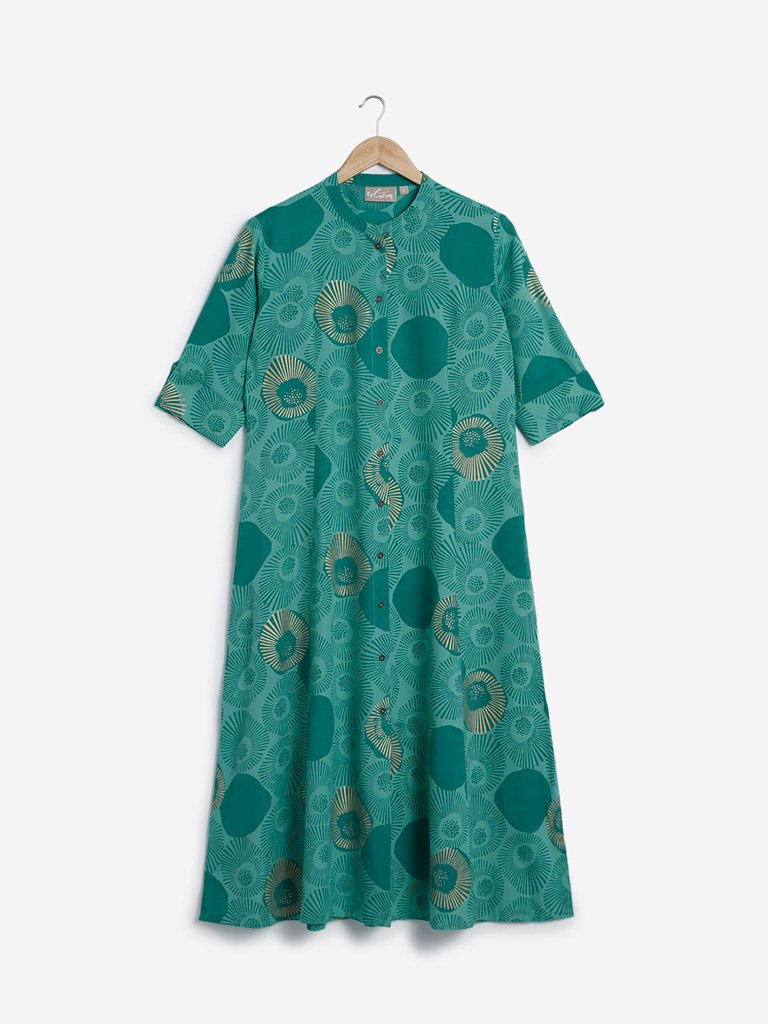 Utsa Green Circular Print Fit-And-Flare Kurta