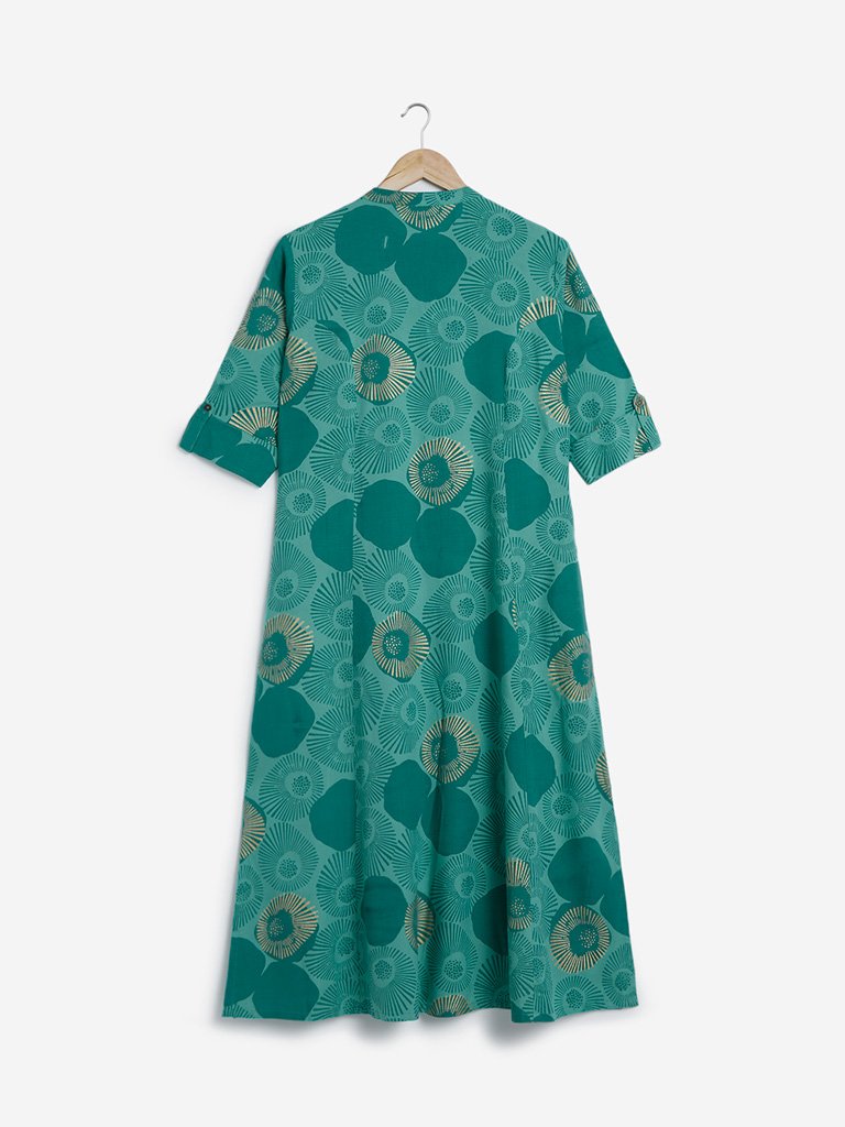 Utsa Green Circular Print Fit-And-Flare Kurta