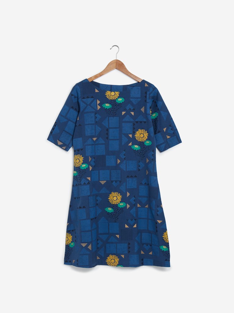 Utsa Dark Blue Printed A-line Kurti