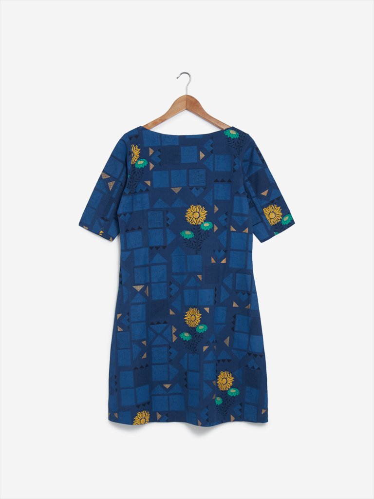 Utsa Dark Blue Printed A-line Kurti