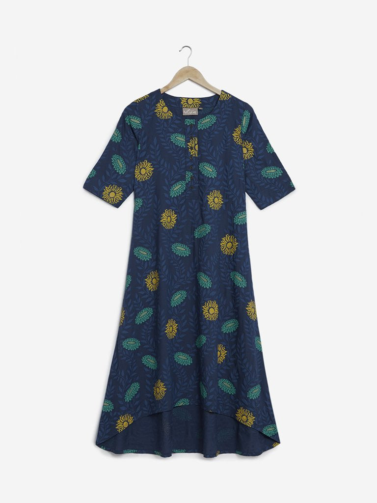 Utsa Indigo Floral Printed High-Low Kurta