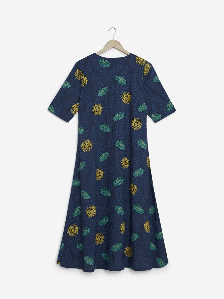 Utsa Indigo Floral Printed High-Low Kurta