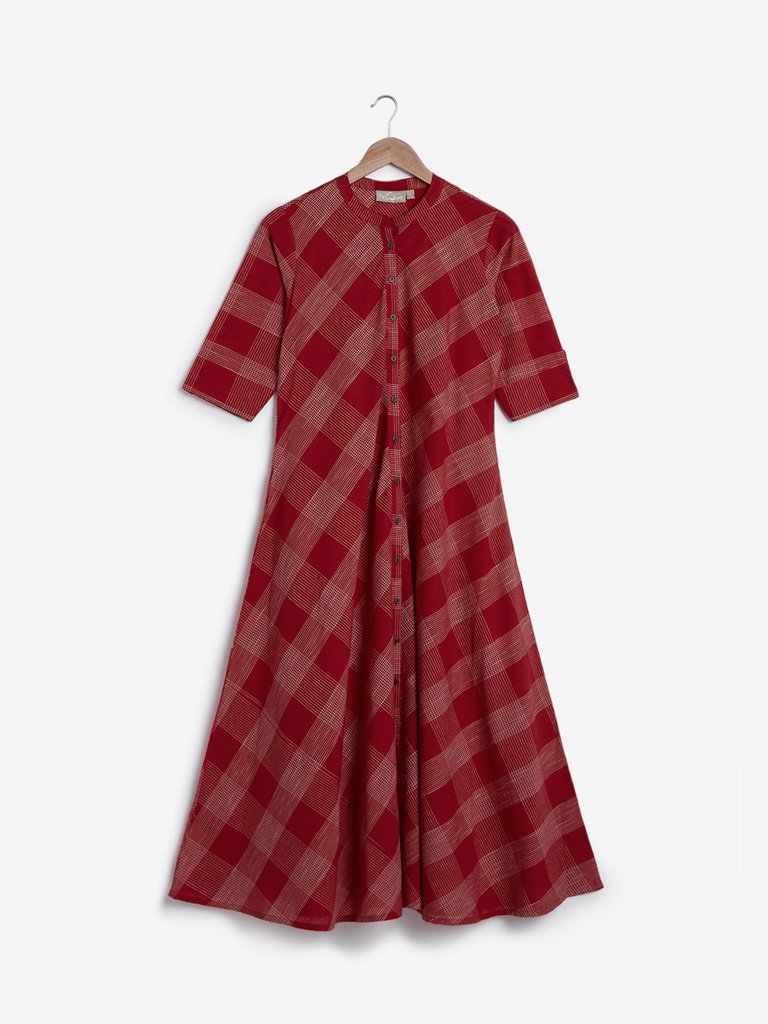 Utsa Red Checkered Print A-Line Kurta