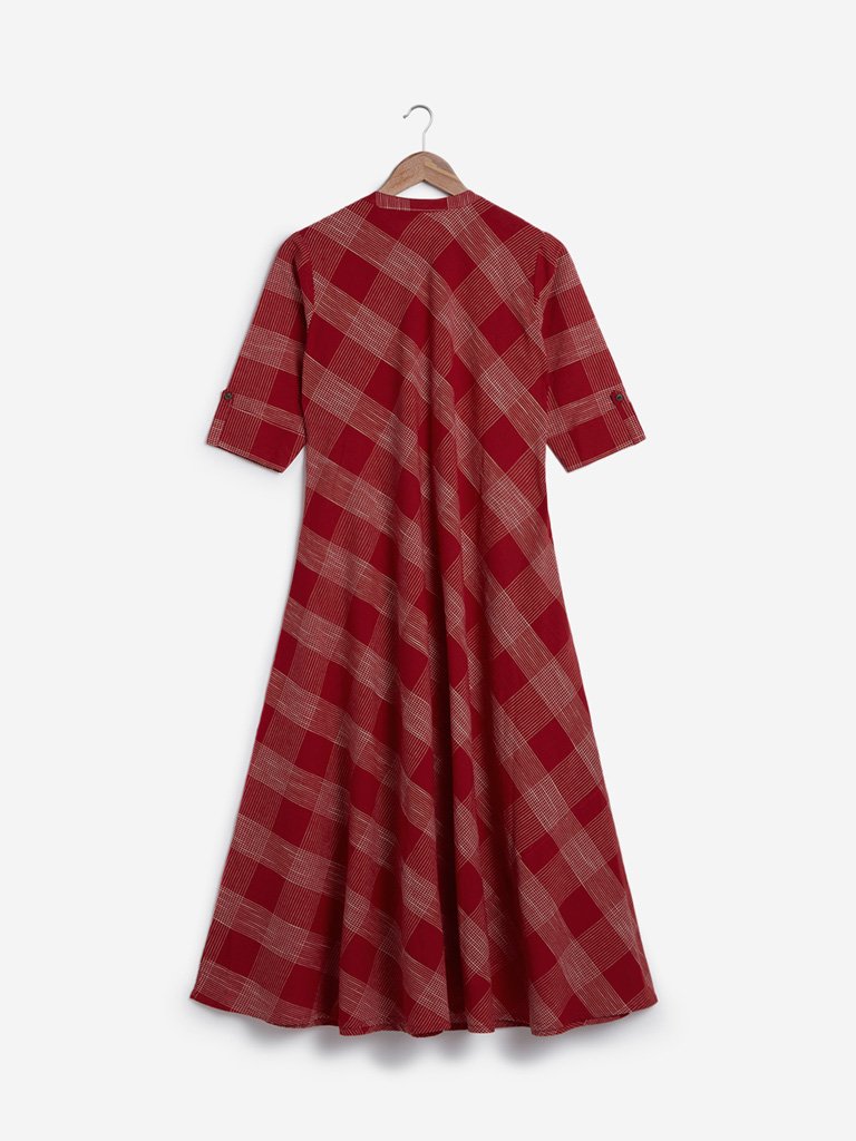 Utsa Red Checkered Print A-Line Kurta