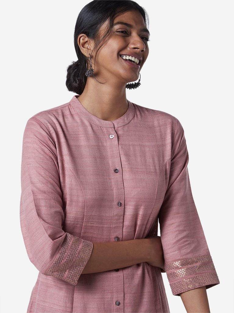 Zuba Dull Pink Self-Textured A-Line Kurta