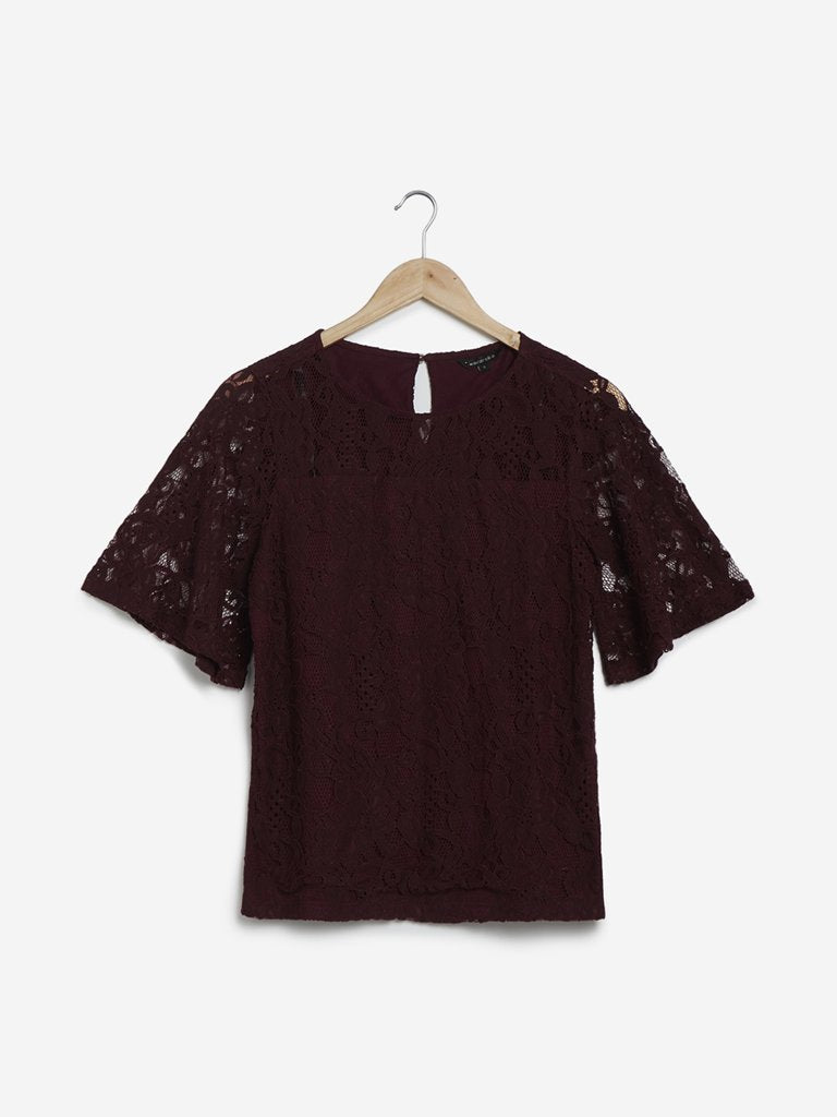 Wardrobe Wine Lace-Detailed Top