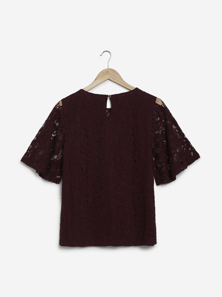 Wardrobe Wine Lace-Detailed Top