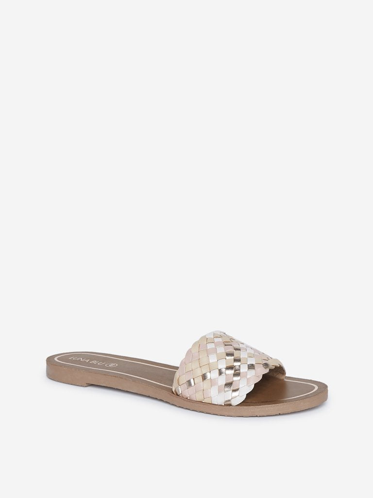 LUNA BLU Beige Weave Patterned Slides