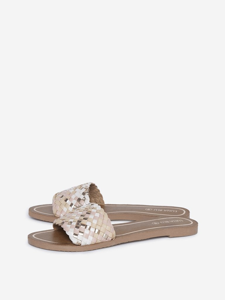 LUNA BLU Beige Weave Patterned Slides