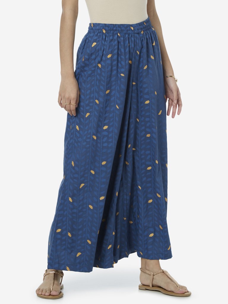 Utsa Blue Leaf Patterned Palazzos