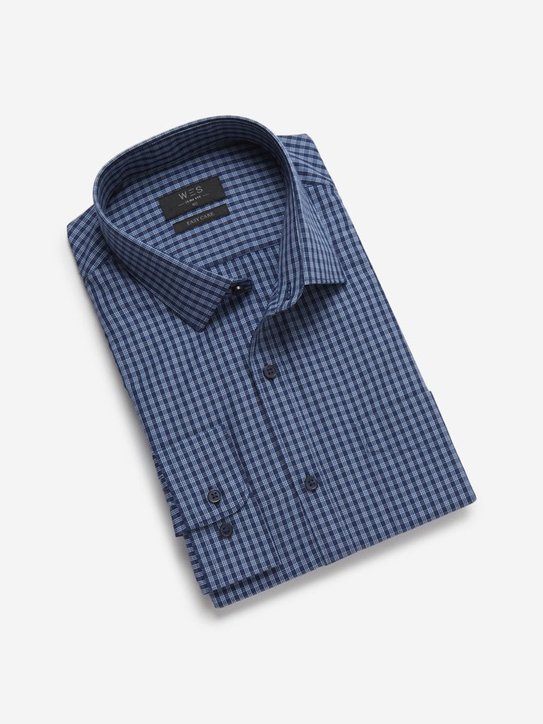 WES Formals Blue Checked Slim Fit Shirt