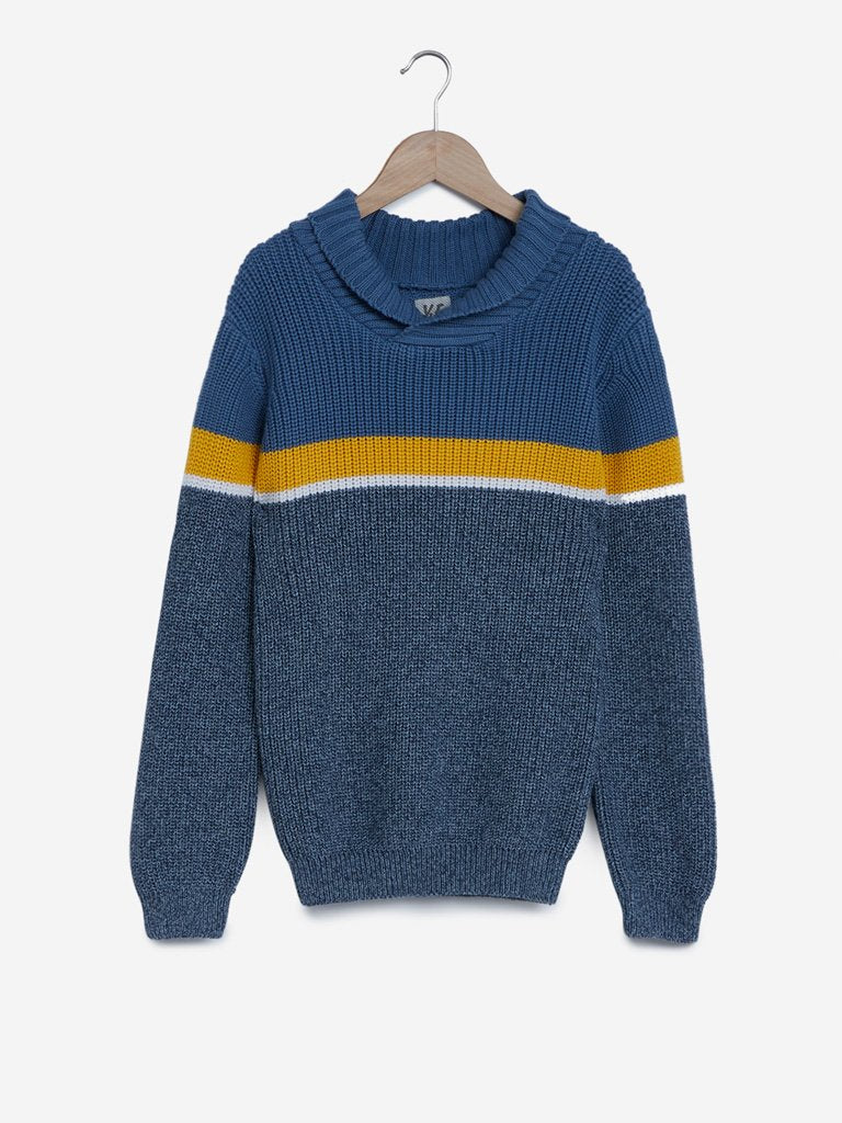 Y&F Kids Blue Knitted Colour Block Sweater