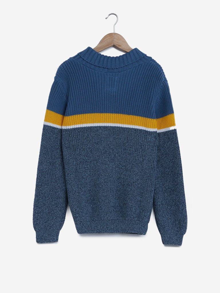 Y&F Kids Blue Knitted Colour Block Sweater