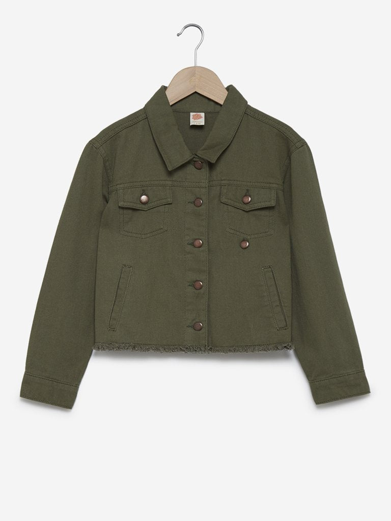Y&F Kids Olive Frayed Denim Jacket
