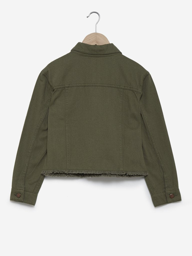 Y&F Kids Olive Frayed Denim Jacket
