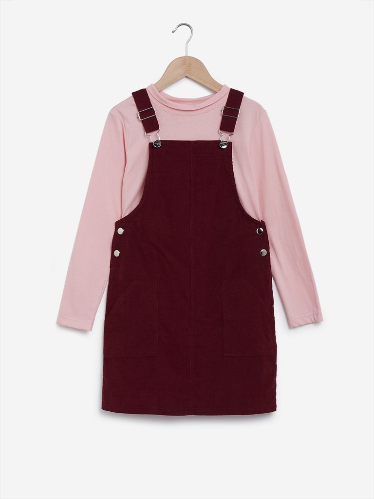 Y&F Kids Burgundy Pinafore and T-Shirt Set