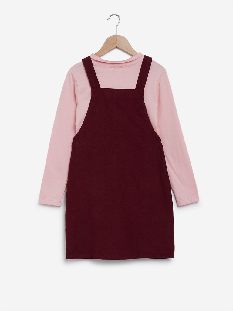 Y&F Kids Burgundy Pinafore and T-Shirt Set