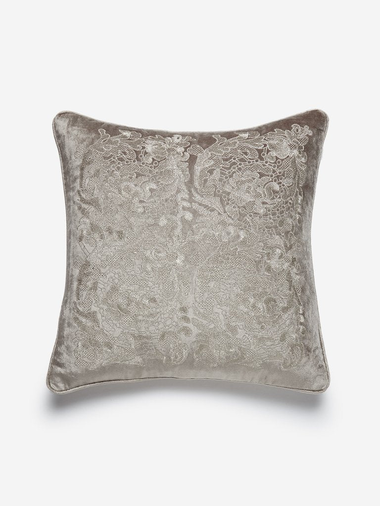 Westside Home Beige Embroidered Velvet Cushion Cover