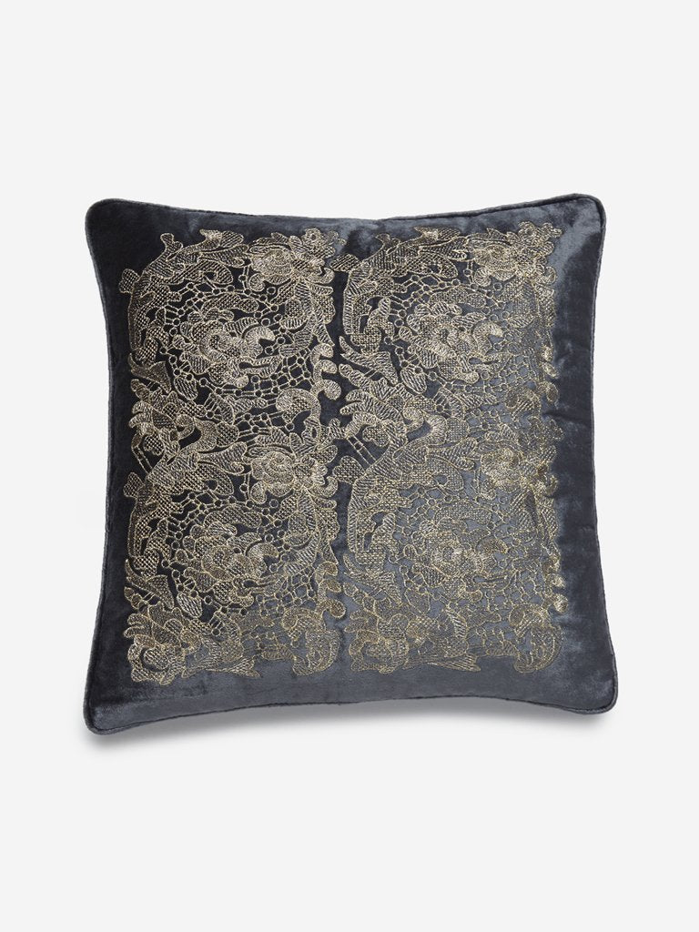 Westside Home Charcoal Embroidered Velvet Cushion Cover