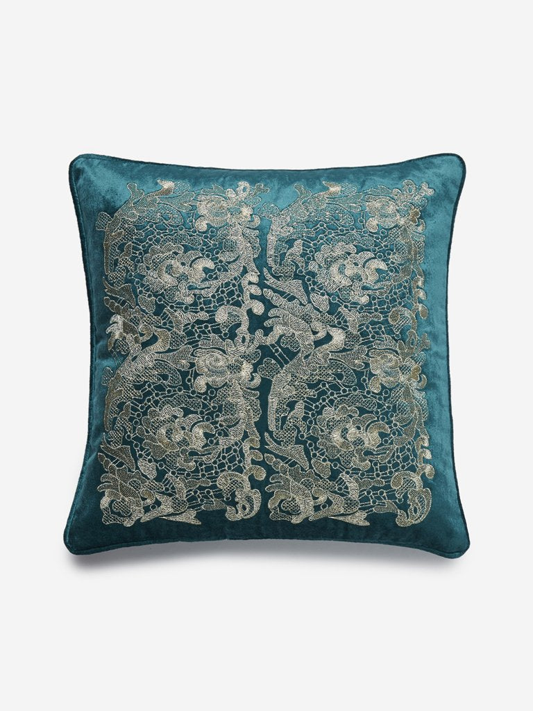 Westside Home Teal Embroidered Velvet Cushion Cover